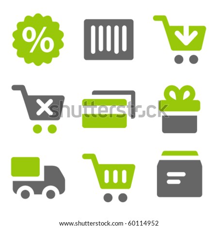 On-line shopping web icons, green grey solid icons