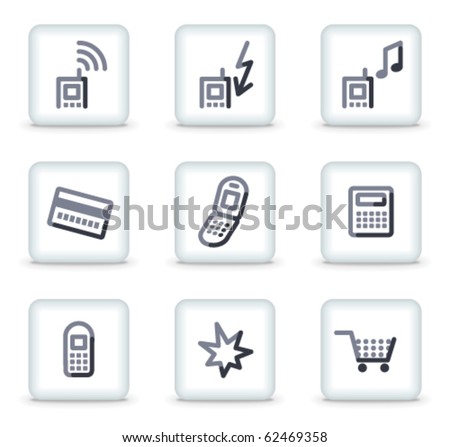 Mobile phone icons set 1, white square glossy buttons