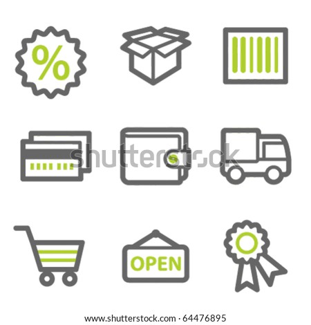 Shopping web icons set 2, green and gray contour series