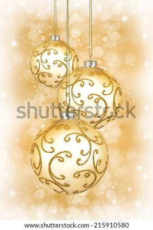 Three beautiful golden christmas balls on a golden background