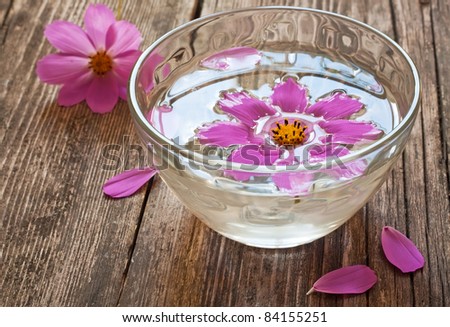 bowl of water and floating flower sitting on wooden table