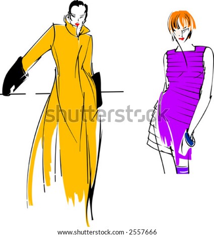Two Yellow Purple Fashion Girl. Drawing.