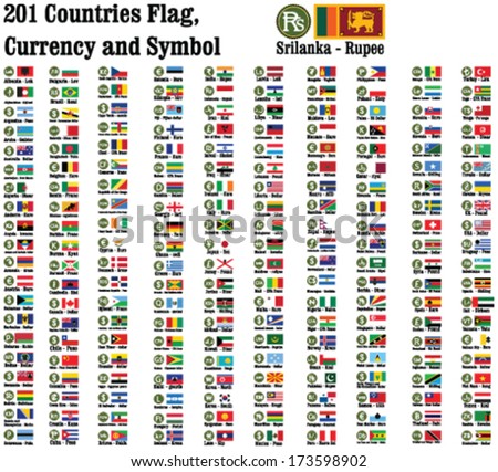 201 countries currency symbols using and representing money and Flags of the counties in the world.