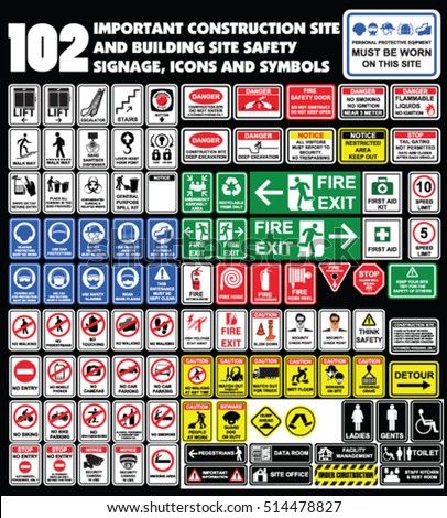 102 important construction site and building site safety warning  signage, icons and symbols. Building construction site, Hazard warning attention sign, Industry Health and Safety Icon collection.