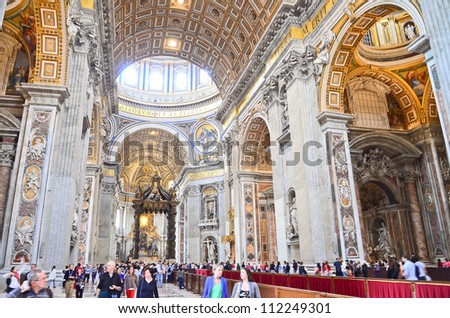 ROME - MARCH 23: Indoor St. Peter's Basilica on March 23, 2012 in Rome, Italy. St. Peter's Basilica until recently was considered largest Christian church in world