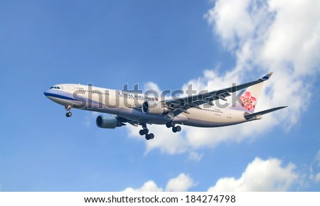 Bangkok - March 23: A  China airline Suvanphume airport in Bangkok, Bangkok on March 23 2014. is the flag carrier of the Republic of China