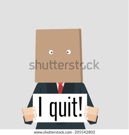 Businessman with bag over his head holding card 