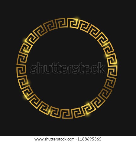 Golden round greek frame for design. Greek gold ornament on black. Vector illustration