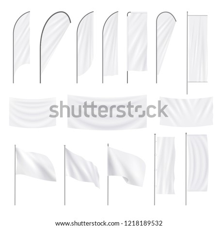 Set of realistic white advertising textile flags and banners. Vector mockup, template, collection of empty fabric canvas poster for advertising