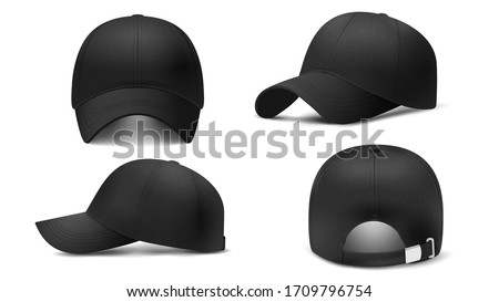 Black cap Mockup, realistic 3D. Hat blank template, baseball caps, vector illustration set. Collection of modern realistic fashion accessories,headgear,headwear, headdress Foto stock © 