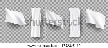 White different blank feather flags, empty banners stand, 3d realistic mockups. Vector set of textile waving advertising banners, flags
