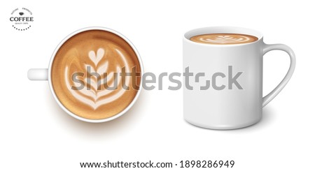 White cup of coffee latte tulip,set, 3d realistic vector style. Top view and side. Vector Isolated. Latte art barista