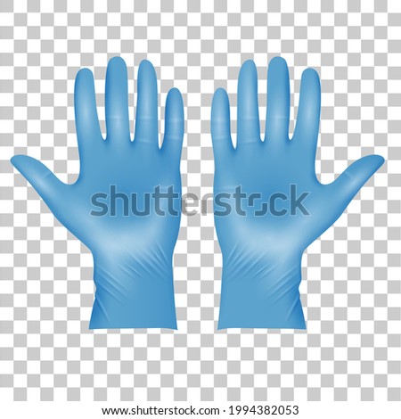 Blue Medical latex protective gloves, realistic black gloves on transparent . Details 3d style medical gloves. Vector illustration