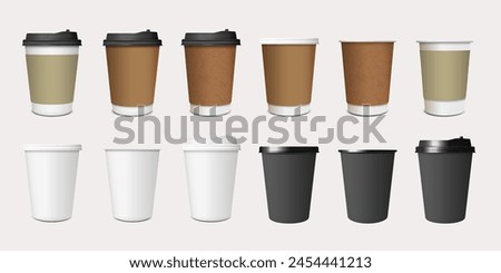 Coffee paper cup, mug mockups, cardboard and plastic package with lids. Realistic isolated vector elements. Disposable coffee cups, mugs for hot drinks from white, brown and black paper