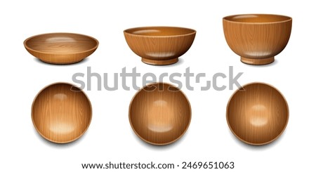 Wooden round food bowls, plates realistic 3d vector illustration set. Empty eco kitchen cutlery withwood texture - side and top view.Ecological dish kitchenware accessory, mockup dishware of circular 