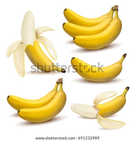 Set of 3d vector realistic illustration bananas. Banana,half peeled banana,bunch of bananas isolated on white background, banana icon