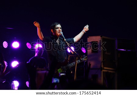 MINSK, BELARUS - SEPT 22: Rock band Placebo and  Brian Molko in concert at the Sport Palace on Saturday, September 22, 2012 in Minsk, Belarus