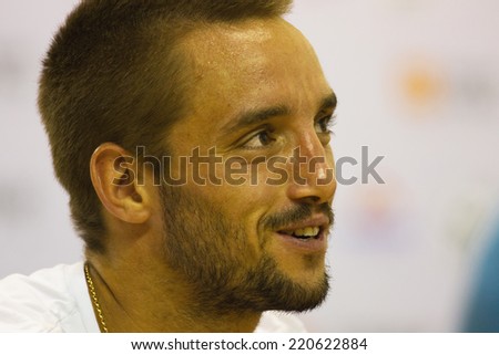 SHENZHEN-SEPTEMBER 25: Serbian tennis player Viktor Troicki in the press conference after his win over David Ferrer of Spain in ATP Shenzhen Open on September 25, 2014 in Shenzhen, China.