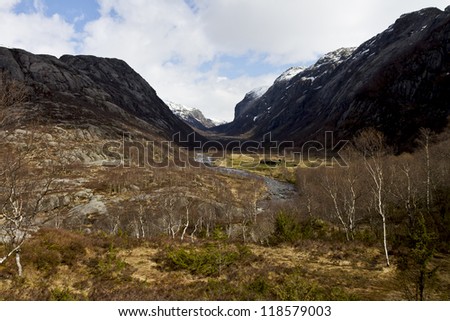cottage in the mountains of norway with river and birch trees