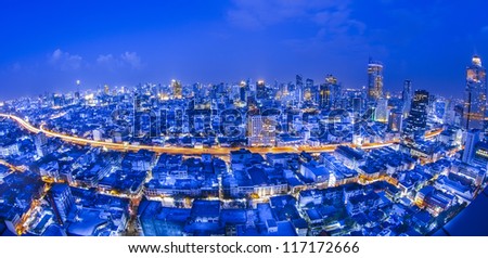 Bangkok city night view with fish eye lens.