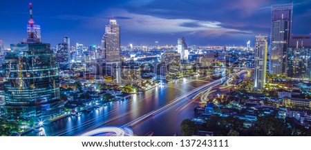 River in Bangkok city in night time with bird view