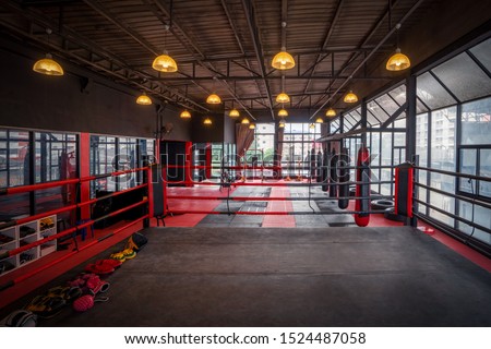 Kickboxing gym, nobody in boxing sport club and fitness center Foto stock © 