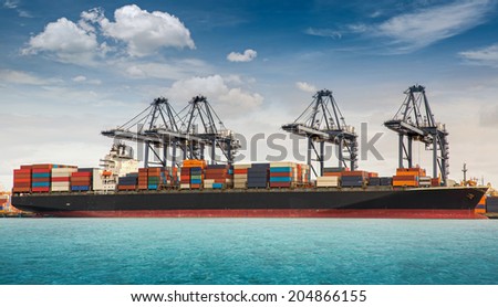 Container ship berthing port with crane un loading