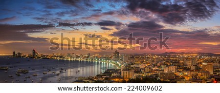 Pattaya City and Sea in sunrise and morning Twilight, Thailand
