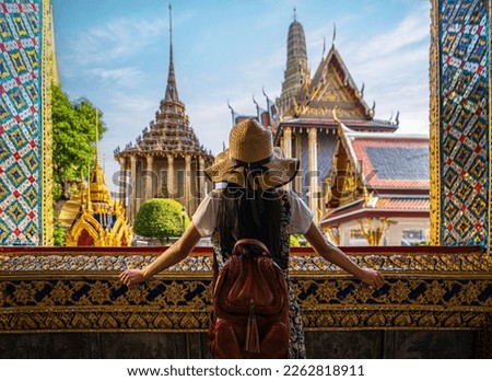 Similar – Image, Stock Photo Woman with backpack taking selfie on smartphone on background of mountains