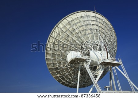 White radar dish with blue sky.