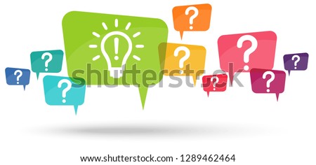 speech bubbles with colored question marks and with green light bulb symbolizing idea or solution