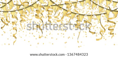 vector illustration of seamless golden colored confetti, garlands and streamers on white background for party or carnival usage