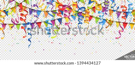 illustration of seamless colored confetti, garlands and streamers background for party or carnival usage with transparency in vector file