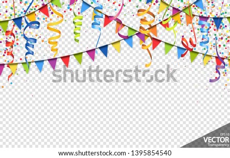 illustration of colored confetti, garlands and streamers background for party or carnival usage with transparency in vector file