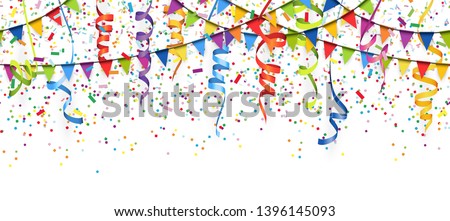 vector illustration of seamless colored confetti, garlands and streamers on white background for party or carnival usage