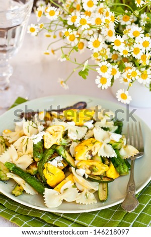 Farfalle Pasta Bowl with Fried Zucchini and Patty Pan Squash. Also available in horizontal format.