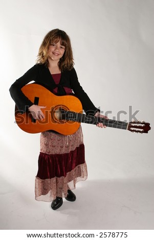 young girl model with cowboy hat and guitar