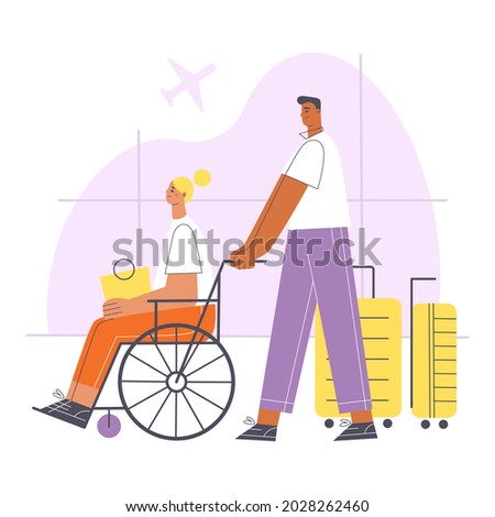 Young man and woman in wheelchair with suitcases at the airport. Air traveling concept cartoon vector illustration. 