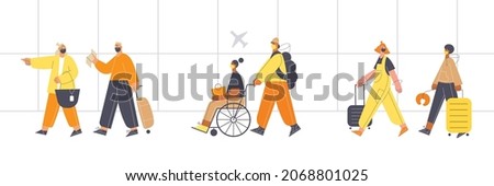 Group of people wearing masks walking with suitcases at the airport . Social distancing and safe traveling concept. Flat vector illustration banner.