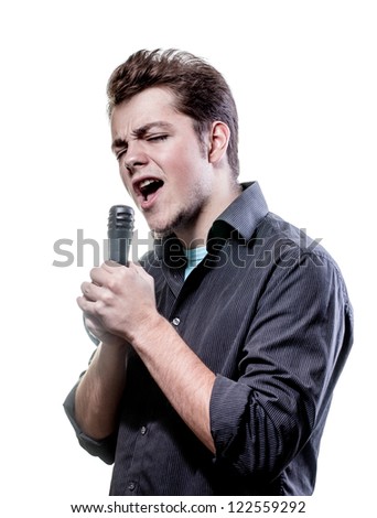 Young guy singing expressive. Isolated on white