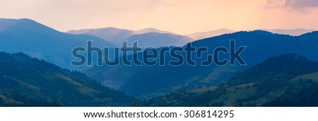 Blue sunset mountain range. Carpathian mountains. Ukraine.