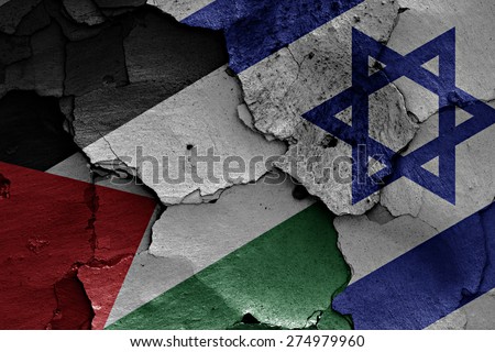 flags of Palestine  and Israel painted on cracked wall