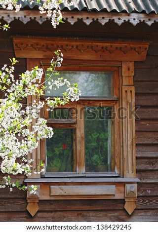 window of the old traditional Russian house with platband, Russia, Moscow, Kolomenskoye park