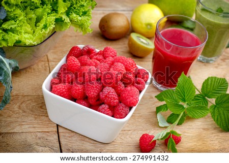 Organic raspberry, smoothie of raspberry and green smoothie (raspberry juice)