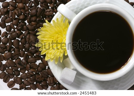Close up of white coffee cup with coffee-beans, sugar canes and yellow flower