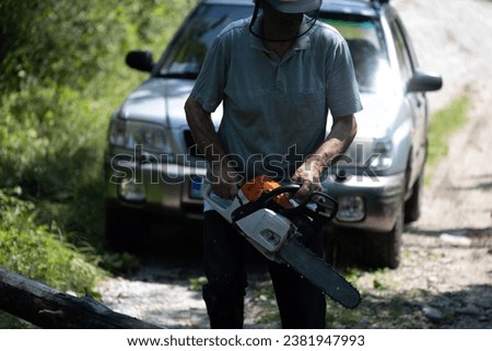 Similar – Image, Stock Photo Senior man cutting logs, working in the garden