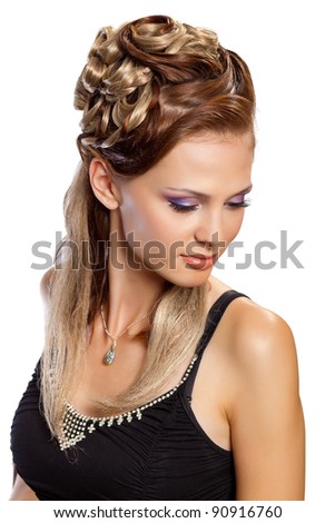 Portrait Of Beautiful Young Woman Looking Down Against White Background ...