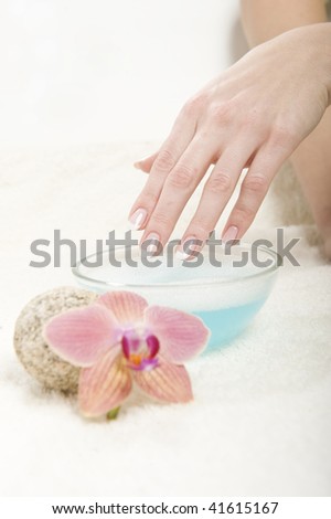 Healthy hands and professional wet french manicure on treated nails. orchid flower on white towel and water bowl as decoration