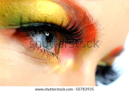 Close-up portrait of summer fashion creative eye make-up in yellow and green tones