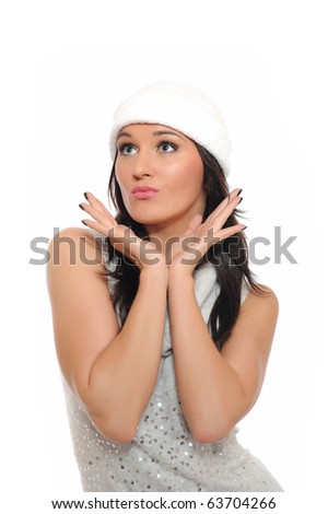 Beautiful winter woman in hat dreaming.isolated  white background